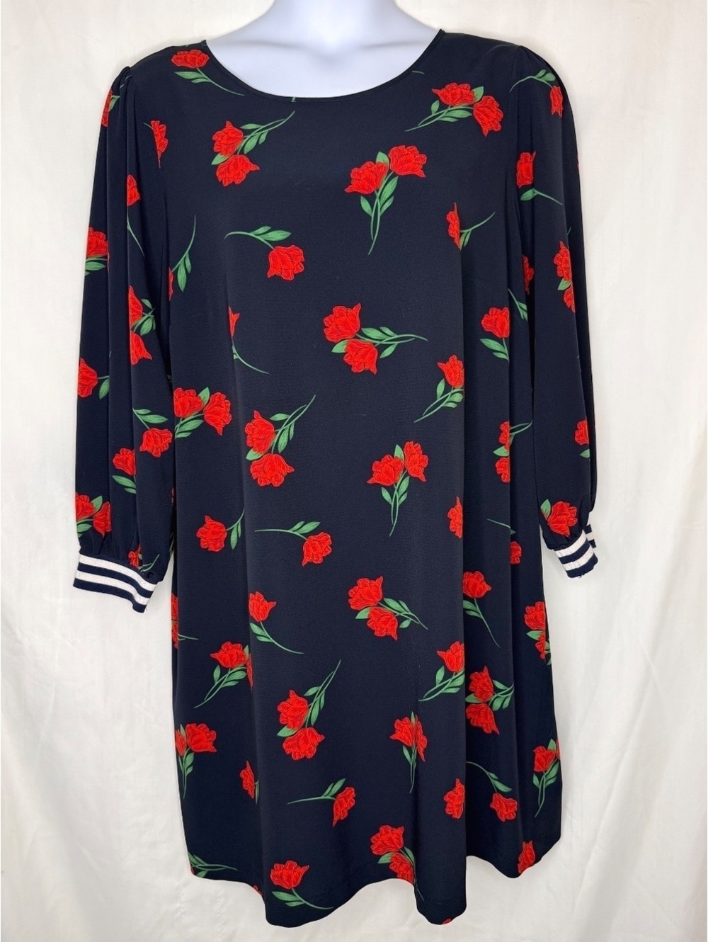 ELOQUII Red Rose Black Floral Shift Dress Long Sleeves 20W